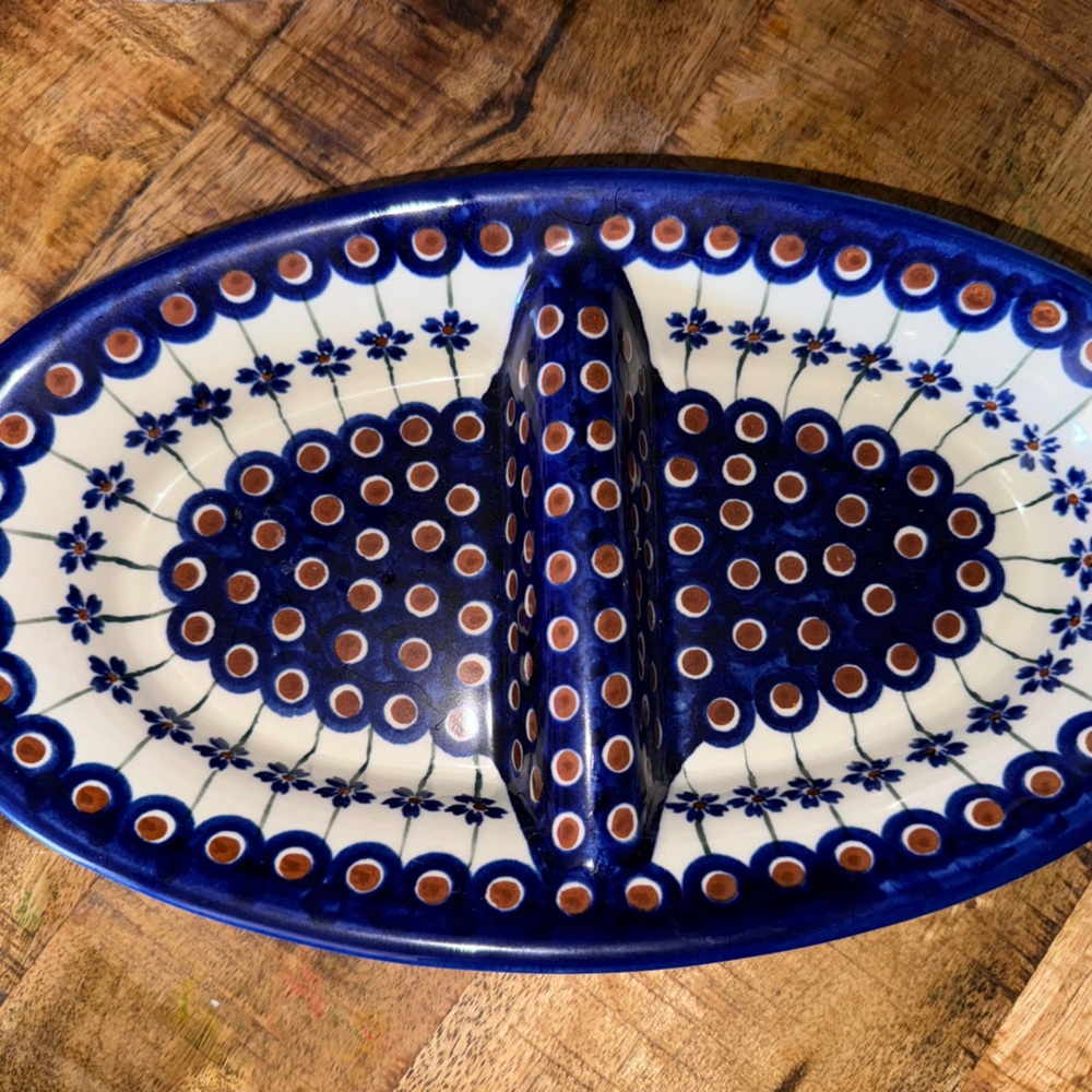 Polish Pottery Divided Dish Blue And White Flowers .